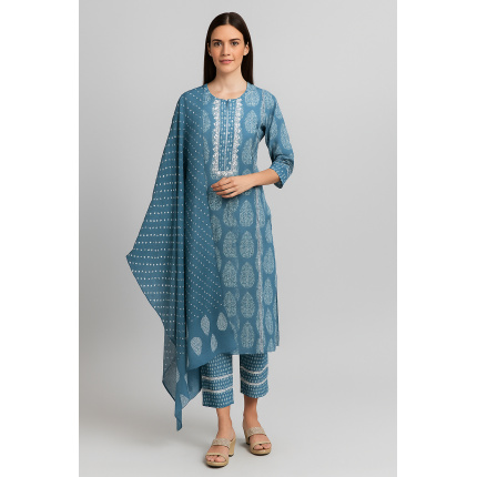 Pure Cotton Block Printed Suit with Crochet Lace