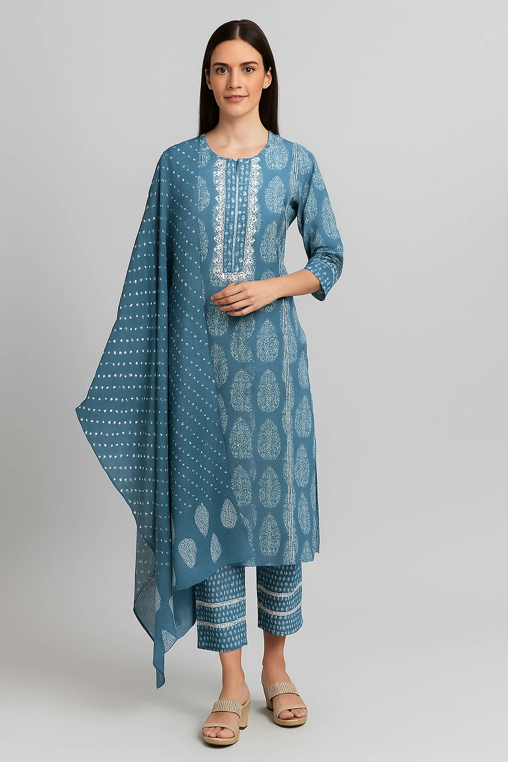 Pure Cotton Block Printed Suit with Crochet Lace