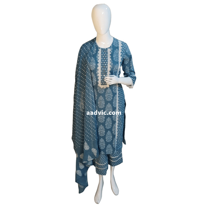 Pure Cotton Block Printed Suit with Crochet Lace