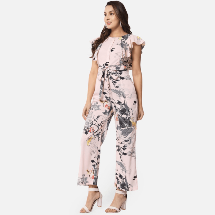 Floral Print Jumpsuit with Waist Tie Up