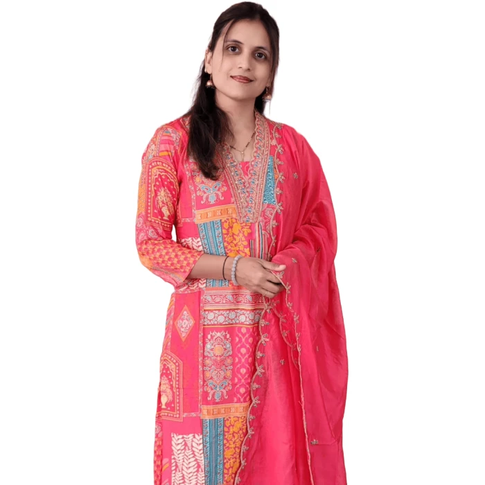 Muslin Printed V neck embroidered suit with lining