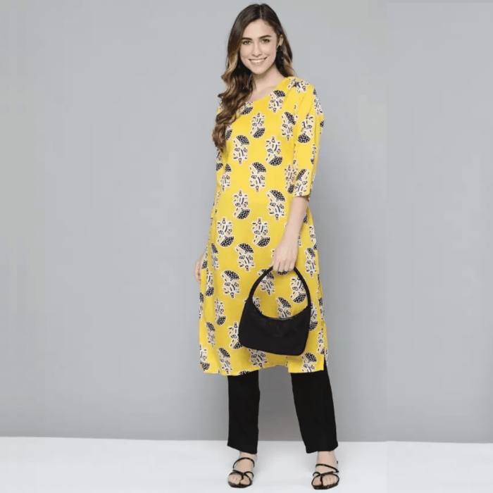 Mustard yellow and black printed Kurta with Trousers