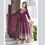 Wine Colored Rayon Anarkali Kurti With Pant And Printed Cotton Mulmul Dupatta with zari work