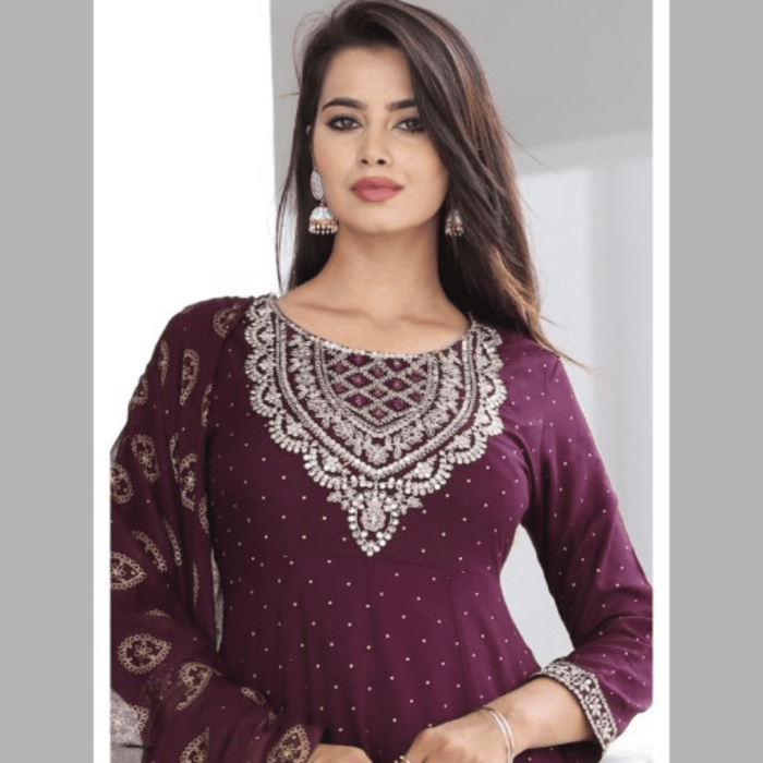 Wine Colored Rayon Anarkali Kurti With Pant And Printed Cotton Mulmul Dupatta with zari work