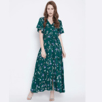 Women's Green Floral Printed V-Neck High Slit Maxi Dress