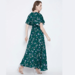 Women's Green Floral Printed V-Neck High Slit Maxi Dress