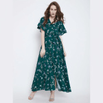 Women's Green Floral Printed V-Neck High Slit Maxi Dress