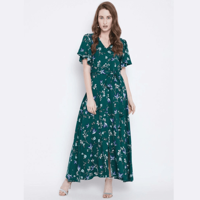 Women's Green Floral Printed V-Neck High Slit Maxi Dress