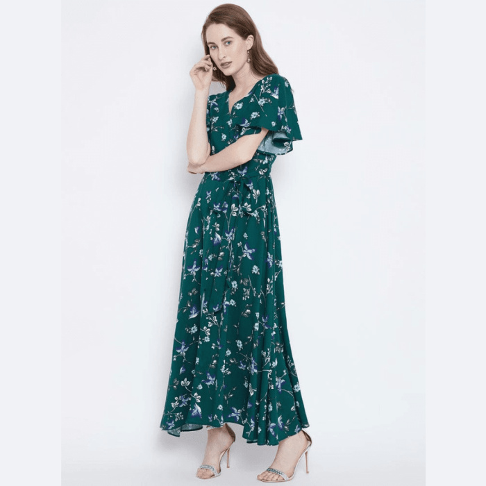 Women's Green Floral Printed V-Neck High Slit Maxi Dress