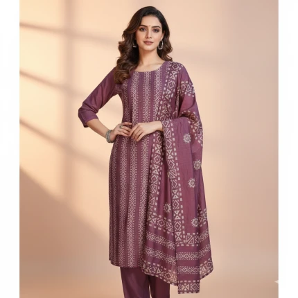 Baatik Print Full Embroidery Suit Front View