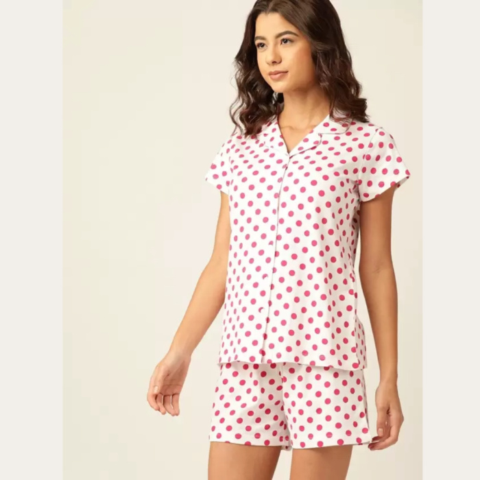 Women's White and Pink Pure Cotton Printed Night Suit