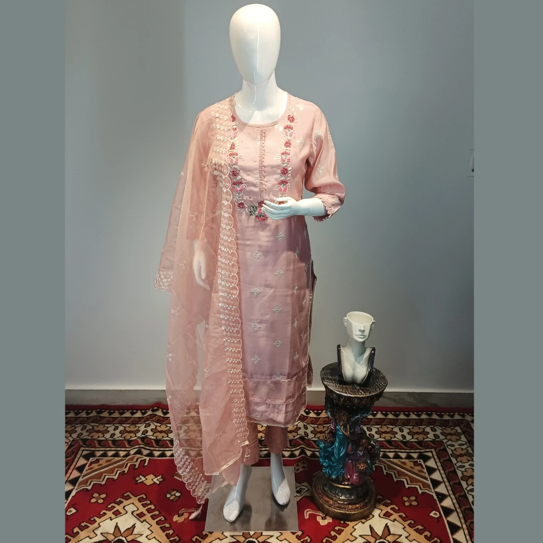 Silk Partywear Suit with organza Dupatta