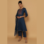 BLUE RAYON KALIDAR KURTA SLIM PANT SUIT SET