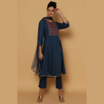 BLUE RAYON KALIDAR KURTA SLIM PANT SUIT SET