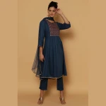 BLUE RAYON KALIDAR KURTA SLIM PANT SUIT SET