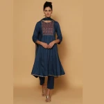 BLUE RAYON KALIDAR KURTA SLIM PANT SUIT SET