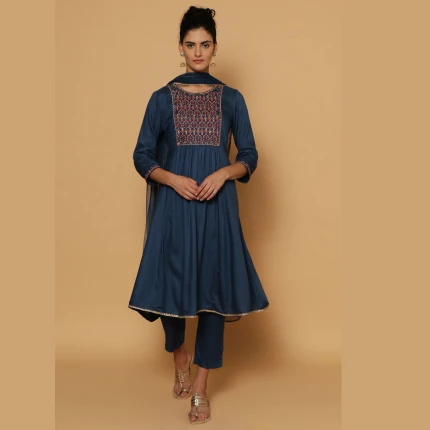 BLUE RAYON KALIDAR KURTA SLIM PANT SUIT SET