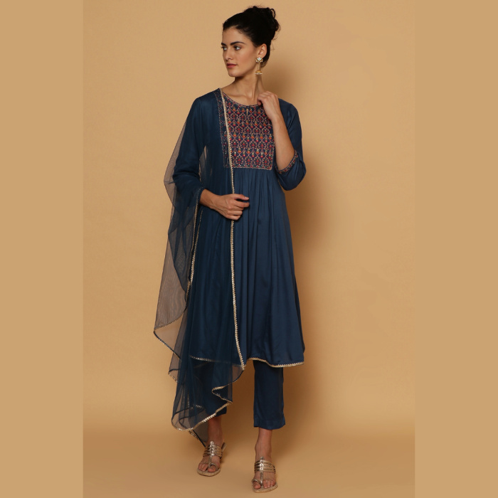 BLUE RAYON KALIDAR KURTA SLIM PANT SUIT SET