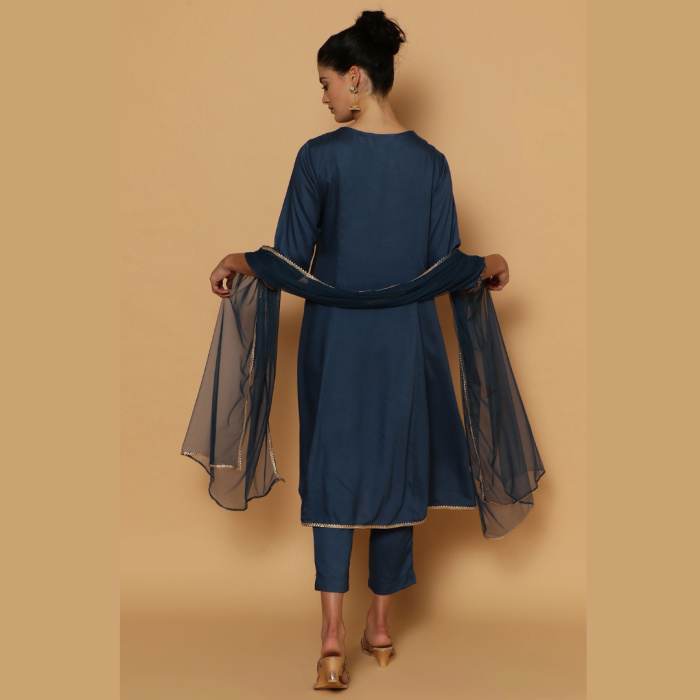 BLUE RAYON KALIDAR KURTA SLIM PANT SUIT SET