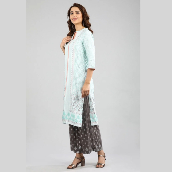 Blue Band Collar Printed kurta