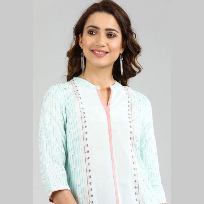 Blue Band Collar Printed kurta