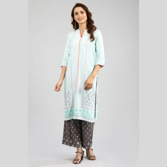 Blue Band Collar Printed kurta