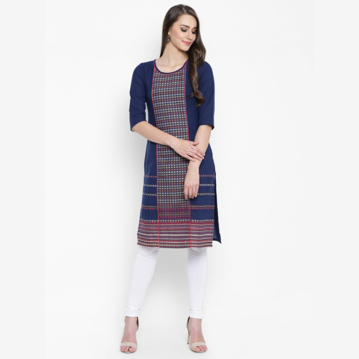 Branded-Women-Navy-Woven-Design-Straight-Kurta