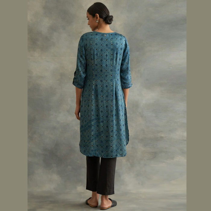 Indigo Ajrakh Print kurta In Lustrous Satin