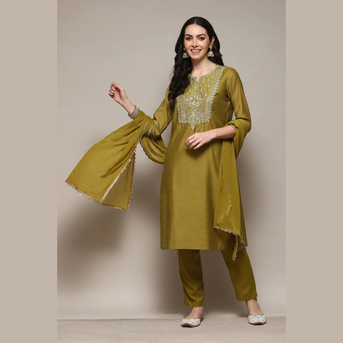 LIME GREEN RAYON STRAIGHT EMBROIDERY KURTA SLIM PANT SUIT SET