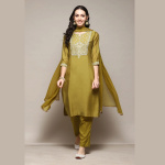 LIME GREEN RAYON STRAIGHT EMBROIDERY KURTA SLIM PANT SUIT SET