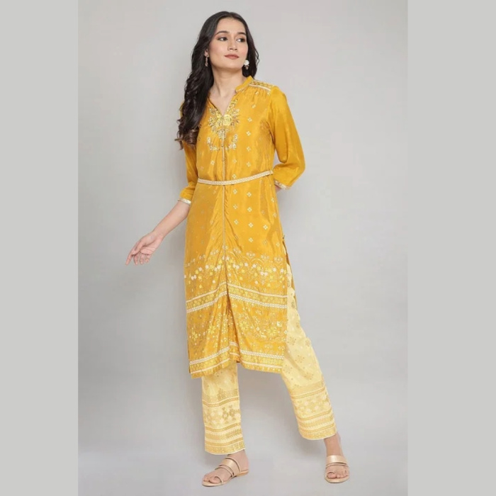 Mustard-Mandarin-Collar-Foil-Print-Straight-kurta