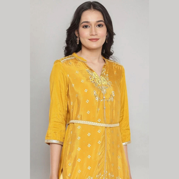 Mustard-Mandarin-Collar-Foil-Print-Straight-kurta