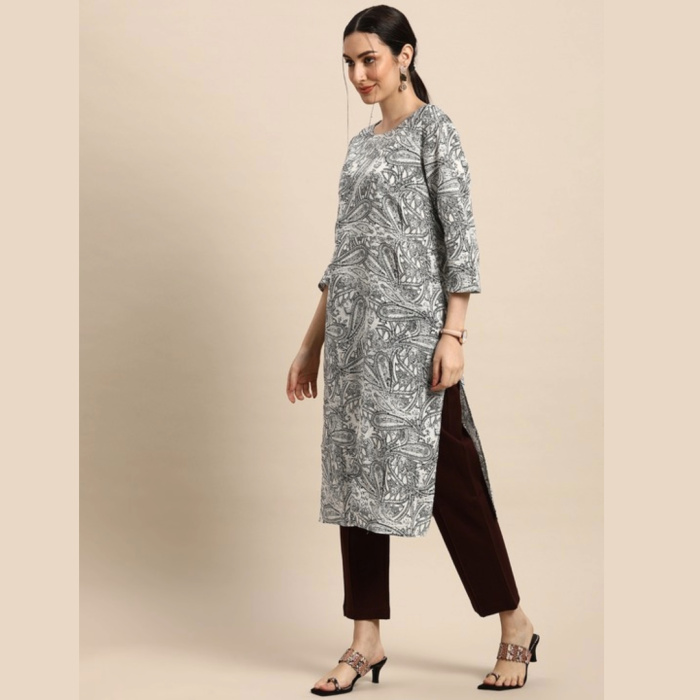 Women Black & White Abstract Printed Casual Straight Kurta