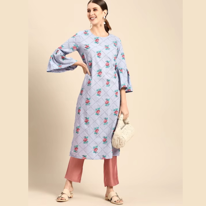 Women-Blue-Red-Floral-Printed-Pure-Cotton-Bell-Sleeves-Kurta