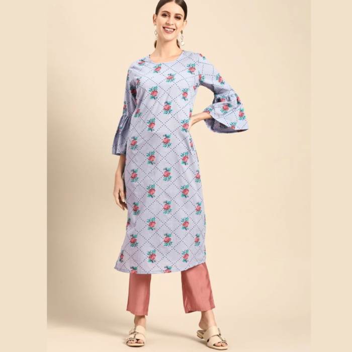 Women-Blue-Red-Floral-Printed-Pure-Cotton-Bell-Sleeves-Kurta