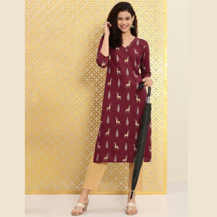 Women Maroon Ethnic Motifs Printed Kurta