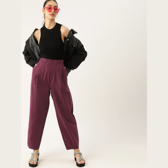 Women Burgundy Pure Cotton Pleated Trousers