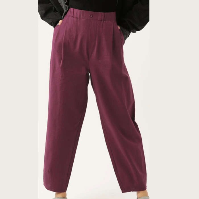 Women Burgundy Pure Cotton Pleated Trousers