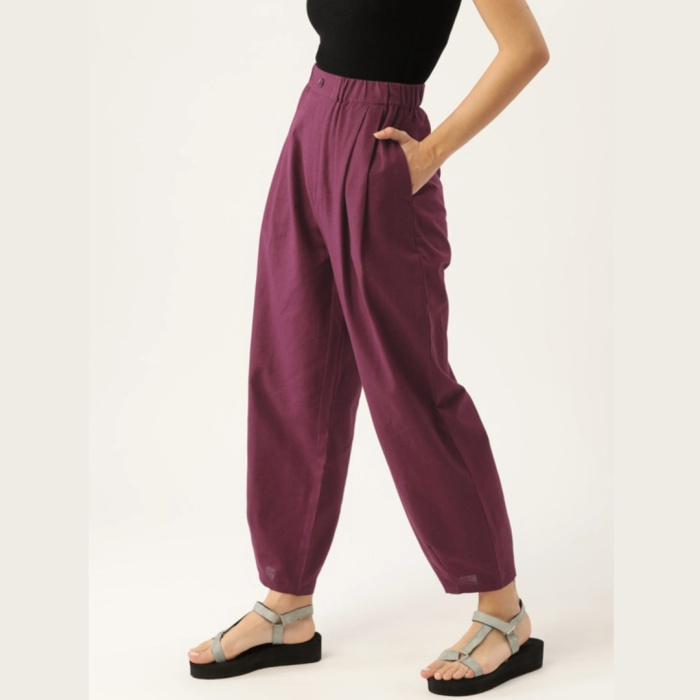 Women Burgundy Pure Cotton Pleated Trousers