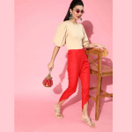 Women Gorgeous Red Solid Scalloped Edge Trousers