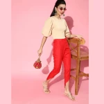 Women Gorgeous Red Solid Scalloped Edge Trousers
