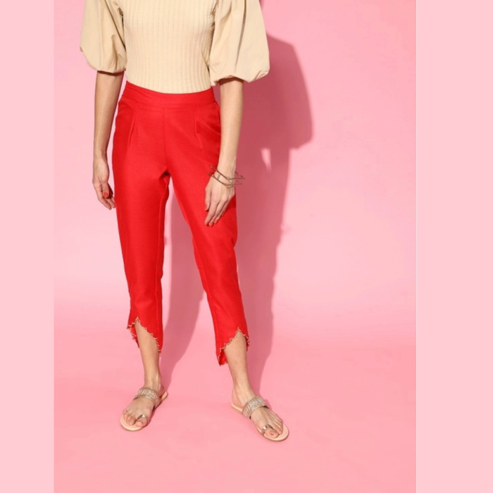 Women Gorgeous Red Solid Scalloped Edge Trousers