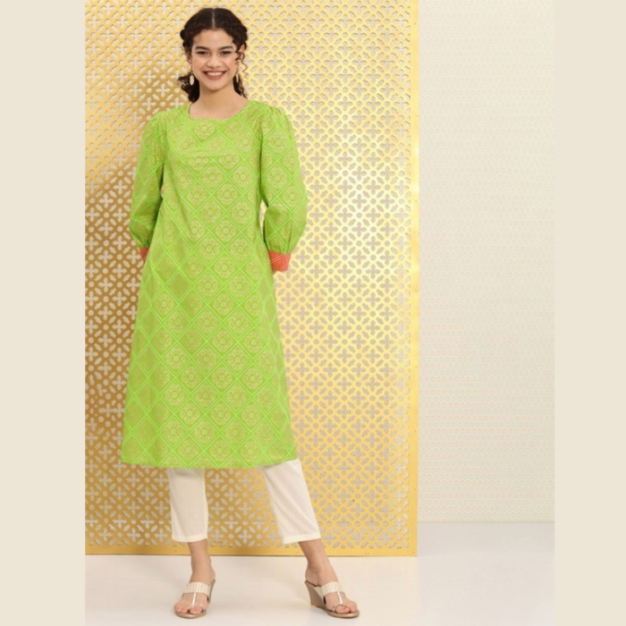 Women Green & Gold-Toned Bandhani Foil Printed Rozana Kurta