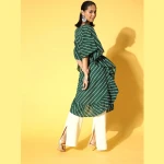 Women-Green-White-Pure-Cotton-Leheriya-Print-Flared-Sleeves-Kaftan-Kurta