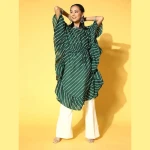 Women-Green-White-Pure-Cotton-Leheriya-Print-Flared-Sleeves-Kaftan-Kurta