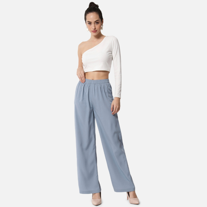 Women Light Blue Solid Relaxed Fit Crepe Trousers