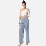 Women Light Blue Solid Relaxed Fit Crepe Trousers