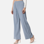 Women Light Blue Solid Relaxed Fit Crepe Trousers