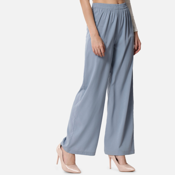 Women Light Blue Solid Relaxed Fit Crepe Trousers