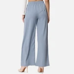 Women Light Blue Solid Relaxed Fit Crepe Trousers